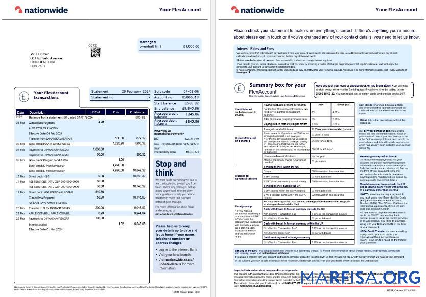 Downloadable United Kingdom Nationwide bank statement current version word 2 pages sample